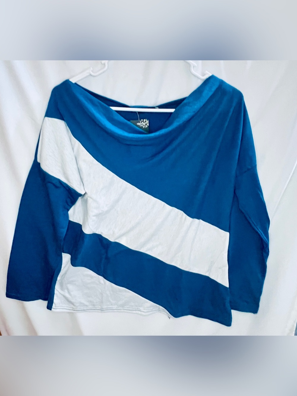 Teal Blue White Colorblock Asymmetric Off Shoulder Top Blouse